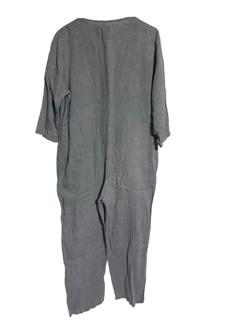 Zara Gray Button Front V-Neck Linen Jumpsuit